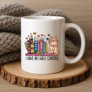 ‘I have no shelf control’ ceramic mug with cat